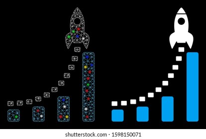 Glowing mesh rocket business start icon with glitter effect. Abstract illuminated model of rocket business start. Shiny wire carcass triangular mesh rocket business start icon.