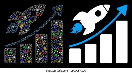 Glowing mesh rocket startup chart icon with sparkle effect. Abstract illuminated model of rocket startup chart. Shiny wire carcass triangular mesh rocket startup chart icon.
