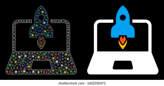 Glowing mesh rocket startup notebook icon with lightspot effect. Abstract illuminated model of rocket startup notebook. Shiny wire carcass polygonal network rocket startup notebook icon.