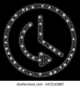 Glowing mesh rollback time with glitter effect. Abstract illuminated model of rollback time icon. Shiny wire carcass triangular network rollback time. Vector abstraction on a black background.