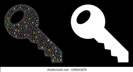 Glowing mesh room key icon with glitter effect. Abstract illuminated model of room key. Shiny wire carcass triangular mesh room key icon. Vector abstraction on a black background.