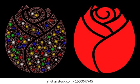 Glowing mesh rose button icon with glitter effect. Abstract illuminated model of rose button. Shiny wire frame polygonal network rose button icon. Vector abstraction on a black background.
