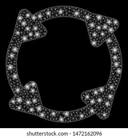 Glowing mesh rotate with lightspot effect. Abstract illuminated model of rotate icon. Shiny wire frame polygonal mesh rotate. Vector abstraction on a black background.