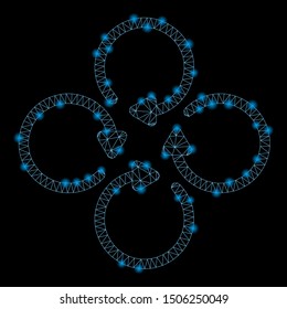 Glowing mesh rotation with glare effect. Abstract illuminated model of rotation icon. Shiny wire carcass polygonal mesh rotation. Vector abstraction on a black background.
