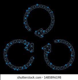 Glowing mesh rotation with lightspot effect. Abstract illuminated model of rotation icon. Shiny wire frame triangular mesh rotation. Vector abstraction on a black background.