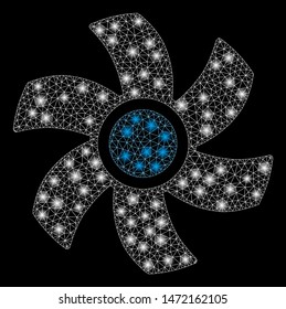 Glowing mesh rotor with glare effect. Abstract illuminated model of rotor icon. Shiny wire carcass polygonal mesh rotor. Vector abstraction on a black background.