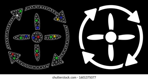 Glowing mesh rotor icon with glare effect. Abstract illuminated model of rotor. Shiny wire frame triangular mesh rotor icon. Vector abstraction on a black background.
