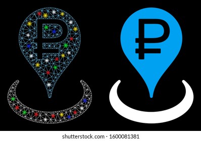 Glowing mesh rouble bank location icon with lightspot effect. Abstract illuminated model of rouble bank location. Shiny wire carcass polygonal network rouble bank location icon.