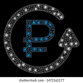 Glowing mesh rouble chargeback with glow effect. Abstract illuminated model of rouble chargeback icon. Shiny wire frame triangular mesh rouble chargeback. Vector abstraction on a black background.