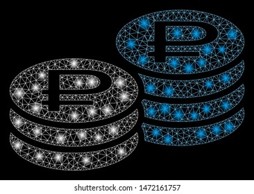 Glowing mesh rouble coin stacks with glare effect. Abstract illuminated model of rouble coin stacks icon. Shiny wire frame triangular mesh rouble coin stacks. Vector abstraction on a black background.