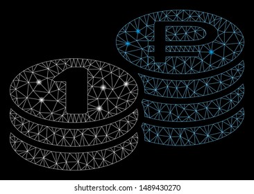 Glowing mesh rouble coin stacks with lightspot effect. Abstract illuminated model of rouble coin stacks icon. Shiny wire carcass triangular network rouble coin stacks.