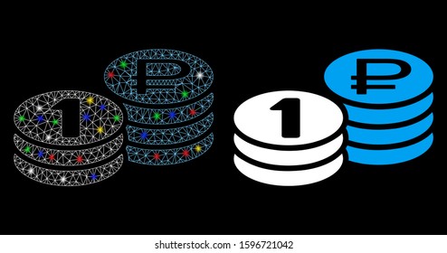 Glowing mesh rouble coin stacks icon with lightspot effect. Abstract illuminated model of rouble coin stacks. Shiny wire frame polygonal network rouble coin stacks icon.