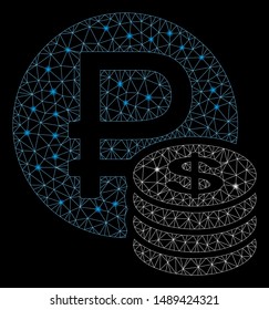 Glowing mesh rouble and dollar coins with sparkle effect. Abstract illuminated model of rouble and dollar coins icon. Shiny wire carcass triangular mesh rouble and dollar coins.