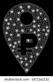 Glowing mesh rouble map marker with glow effect. Abstract illuminated model of rouble map marker icon. Shiny wire carcass polygonal mesh rouble map marker. Vector abstraction on a black background.