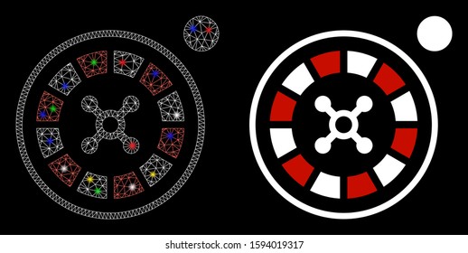 Glowing mesh roulette icon with lightspot effect. Abstract illuminated model of roulette. Shiny wire carcass triangular mesh roulette icon. Vector abstraction on a black background.