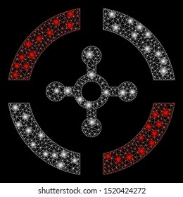 Glowing mesh roulette with lightspot effect. Abstract illuminated model of roulette icon. Shiny wire carcass triangular mesh roulette. Vector abstraction on a black background.