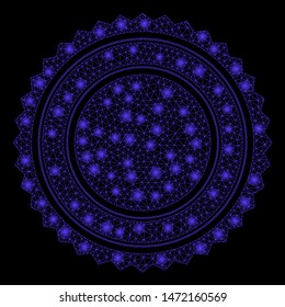 Glowing mesh round rosette seal with glitter effect. Abstract illuminated model of round rosette seal icon. Shiny wire carcass triangular mesh round rosette seal.