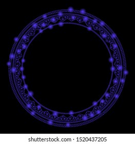 Glowing mesh round rosette seal with glow effect. Abstract illuminated model of round rosette seal icon. Shiny wire frame polygonal mesh round rosette seal. Vector abstraction on a black background.