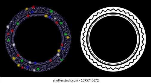 Glowing mesh round rosette seal icon with glare effect. Abstract illuminated model of round rosette seal. Shiny wire carcass polygonal mesh round rosette seal icon.