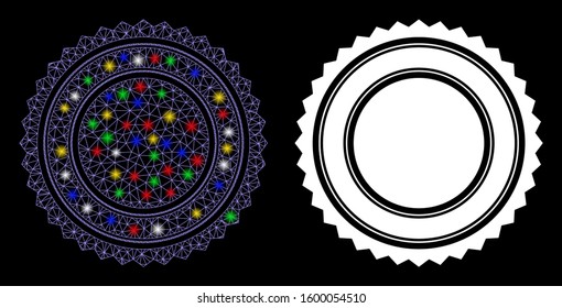 Glowing mesh round rosette seal icon with glitter effect. Abstract illuminated model of round rosette seal. Shiny wire frame polygonal mesh round rosette seal icon.