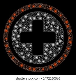 Glowing mesh rounded cross with glare effect. Abstract illuminated model of rounded cross icon. Shiny wire carcass polygonal mesh rounded cross. Vector abstraction on a black background.