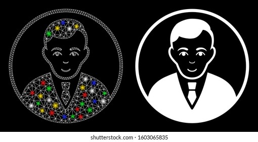 Glowing mesh rounded gentleman icon with sparkle effect. Abstract illuminated model of rounded gentleman. Shiny wire frame polygonal mesh rounded gentleman icon.