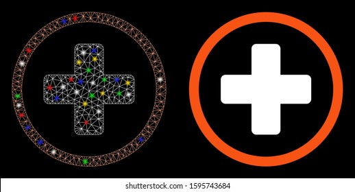 Glowing mesh rounded plus icon with glow effect. Abstract illuminated model of rounded plus. Shiny wire frame polygonal mesh rounded plus icon. Vector abstraction on a black background.