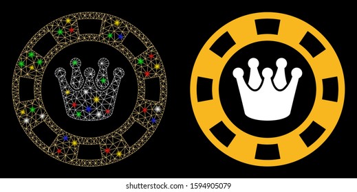Glowing mesh royal casino chip icon with sparkle effect. Abstract illuminated model of royal casino chip. Shiny wire carcass triangular mesh royal casino chip icon.