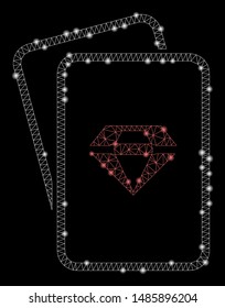 Glowing mesh ruby gambling cards with lightspot effect. Abstract illuminated model of ruby gambling cards icon. Shiny wire carcass polygonal network ruby gambling cards.