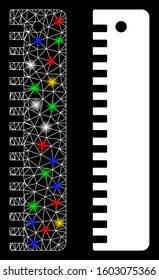 Glowing mesh ruler icon with glitter effect. Abstract illuminated model of ruler. Shiny wire carcass triangular mesh ruler icon. Vector abstraction on a black background.