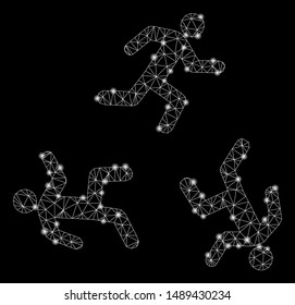 Glowing mesh running men circulation with lightspot effect. Abstract illuminated model of running men circulation icon. Shiny wire carcass triangular mesh running men circulation.