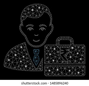 Glowing mesh rupee accounter with glitter effect. Abstract illuminated model of rupee accounter icon. Shiny wire frame polygonal network rupee accounter. Vector abstraction on a black background.