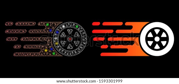 Glowing mesh rush car wheel icon with sparkle\
effect. Abstract illuminated model of rush car wheel. Shiny wire\
carcass polygonal mesh rush car wheel icon. Vector abstraction on a\
black background.