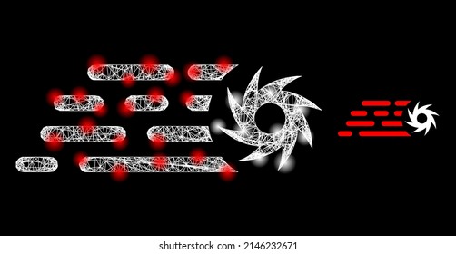 Glowing mesh rush circular saw with lightspots. Wire carcass 2D mesh generated from crossed white lines and rush circular saw icon.