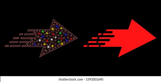 Glowing mesh rush right arrow icon with lightspot effect. Abstract illuminated model of rush right arrow. Shiny wire frame polygonal mesh rush right arrow icon.