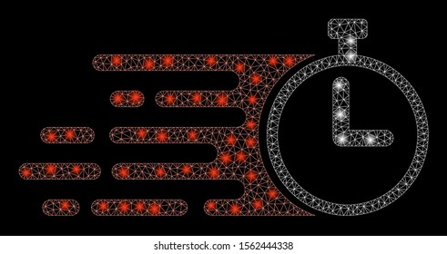 Glowing mesh rush stopwatch with glow effect. Abstract illuminated model of rush stopwatch icon. Shiny wire carcass polygonal network rush stopwatch. Vector abstraction on a black background.