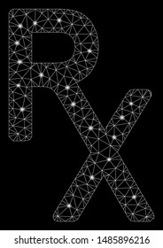 Glowing mesh Rx medical symbol with glare effect. Abstract illuminated model of Rx medical symbol icon. Shiny wire carcass triangular mesh Rx medical symbol. Vector abstraction on a black background.