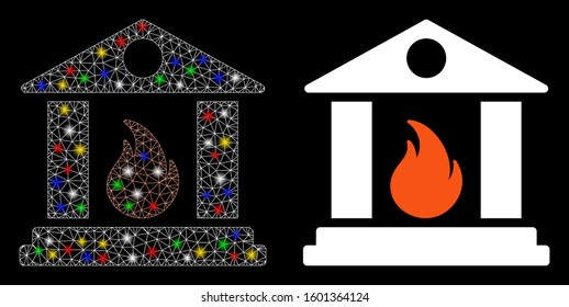 Glowing mesh sacrificial temple fire icon with lightspot effect. Abstract illuminated model of sacrificial temple fire. Shiny wire carcass triangular network sacrificial temple fire icon.