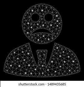 Glowing mesh sad boss with glare effect. Abstract illuminated model of sad boss icon. Shiny wire carcass polygonal mesh sad boss. Vector abstraction on a black background.