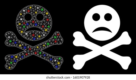 Glowing mesh sad death icon with glare effect. Abstract illuminated model of sad death. Shiny wire frame polygonal network sad death icon. Vector abstraction on a black background.