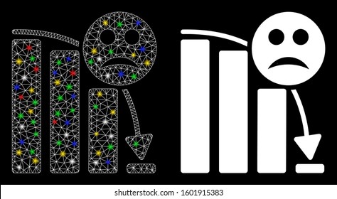 Glowing mesh sad decline trend icon with glitter effect. Abstract illuminated model of sad decline trend. Shiny wire carcass triangular mesh sad decline trend icon.