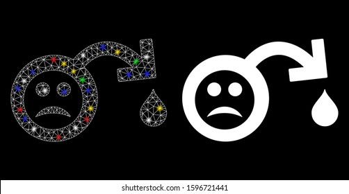 Glowing mesh sad impotence icon with glitter effect. Abstract illuminated model of sad impotence. Shiny wire carcass polygonal mesh sad impotence icon. Vector abstraction on a black background.