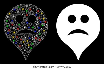 Glowing mesh sad map marker icon with glare effect. Abstract illuminated model of sad map marker. Shiny wire carcass polygonal mesh sad map marker icon. Vector abstraction on a black background.