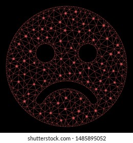 Glowing mesh sad mood smiley with glow effect. Abstract illuminated model of sad mood smiley icon. Shiny wire frame triangular mesh sad mood smiley. Vector abstraction on a black background.