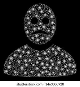 Glowing mesh sad person with glitter effect. Abstract illuminated model of sad person icon. Shiny wire carcass polygonal mesh sad person. Vector abstraction on a black background.
