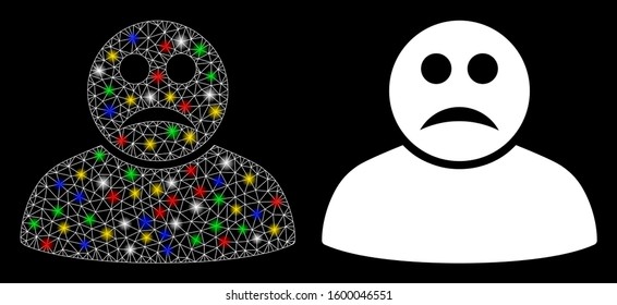 Glowing mesh sad person icon with glare effect. Abstract illuminated model of sad person. Shiny wire frame triangular mesh sad person icon. Vector abstraction on a black background.