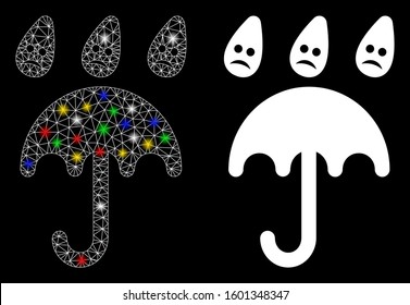 Glowing mesh sad rain umbrella icon with glow effect. Abstract illuminated model of sad rain umbrella. Shiny wire carcass triangular mesh sad rain umbrella icon.