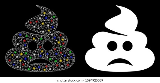Glowing mesh sad shit icon with glitter effect. Abstract illuminated model of sad shit. Shiny wire frame polygonal network sad shit icon. Vector abstraction on a black background.