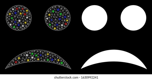 Glowing mesh sad smiley icon with glitter effect. Abstract illuminated model of sad smile. Shiny wire frame polygonal network sad smile icon. Vector abstraction on a black background.