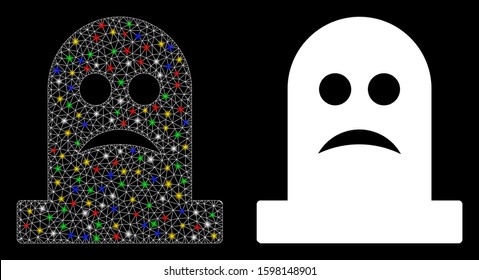 Glowing mesh sad tomb icon with lightspot effect. Abstract illuminated model of sad tomb. Shiny wire carcass polygonal mesh sad tomb icon. Vector abstraction on a black background.